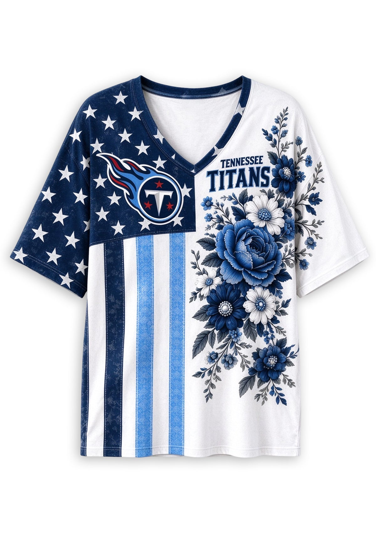 Women's Tennessee Titans American Flag Floral V-Neck T-Shirt