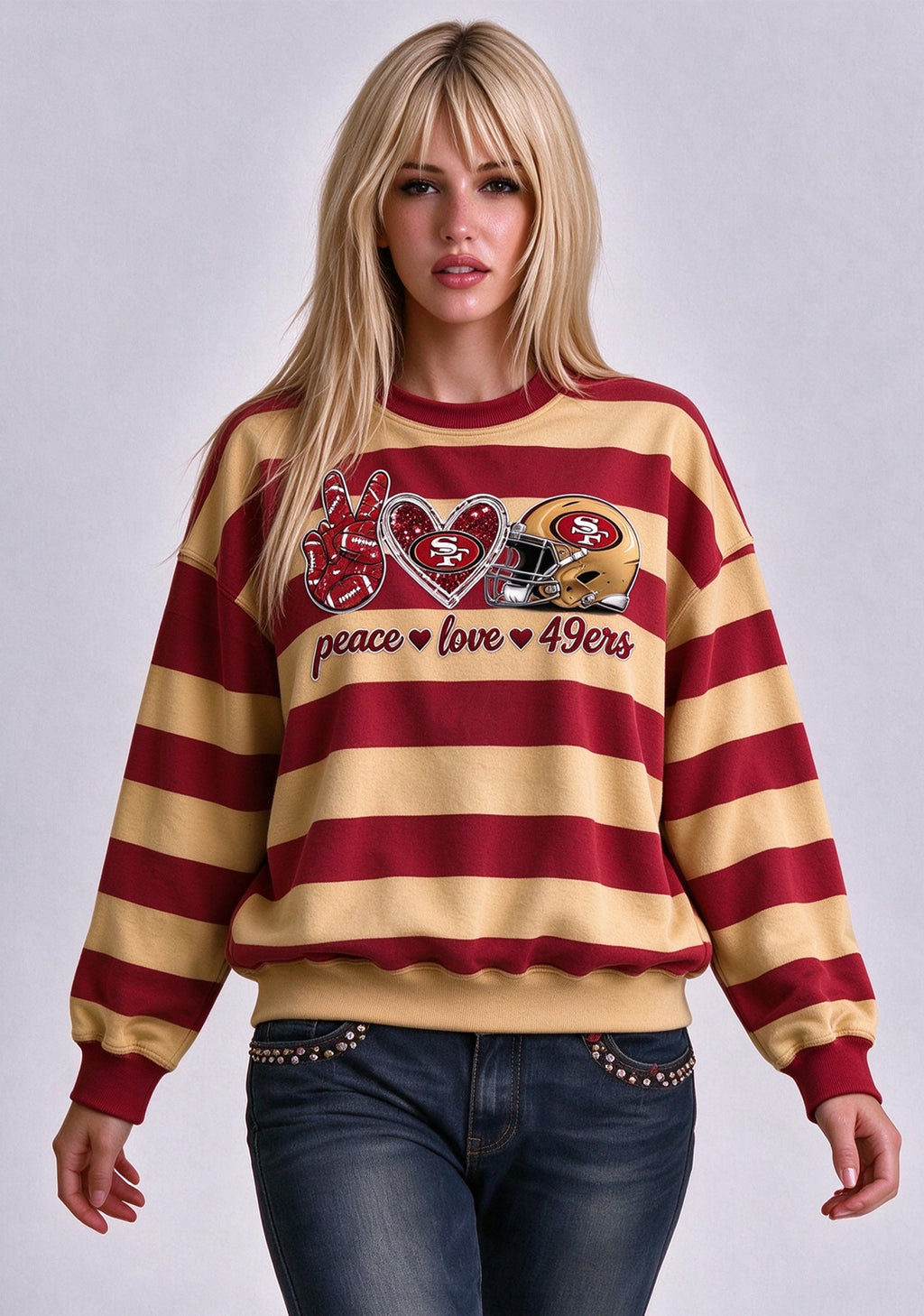 Women's Peace Love San Francisco 49ers Striped Crewneck Sweatshirt