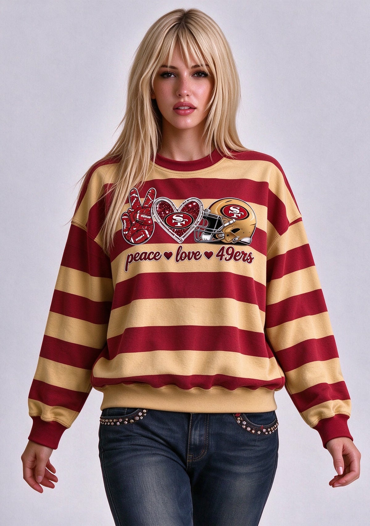 Women's Peace Love San Francisco 49ers Striped Crewneck Sweatshirt
