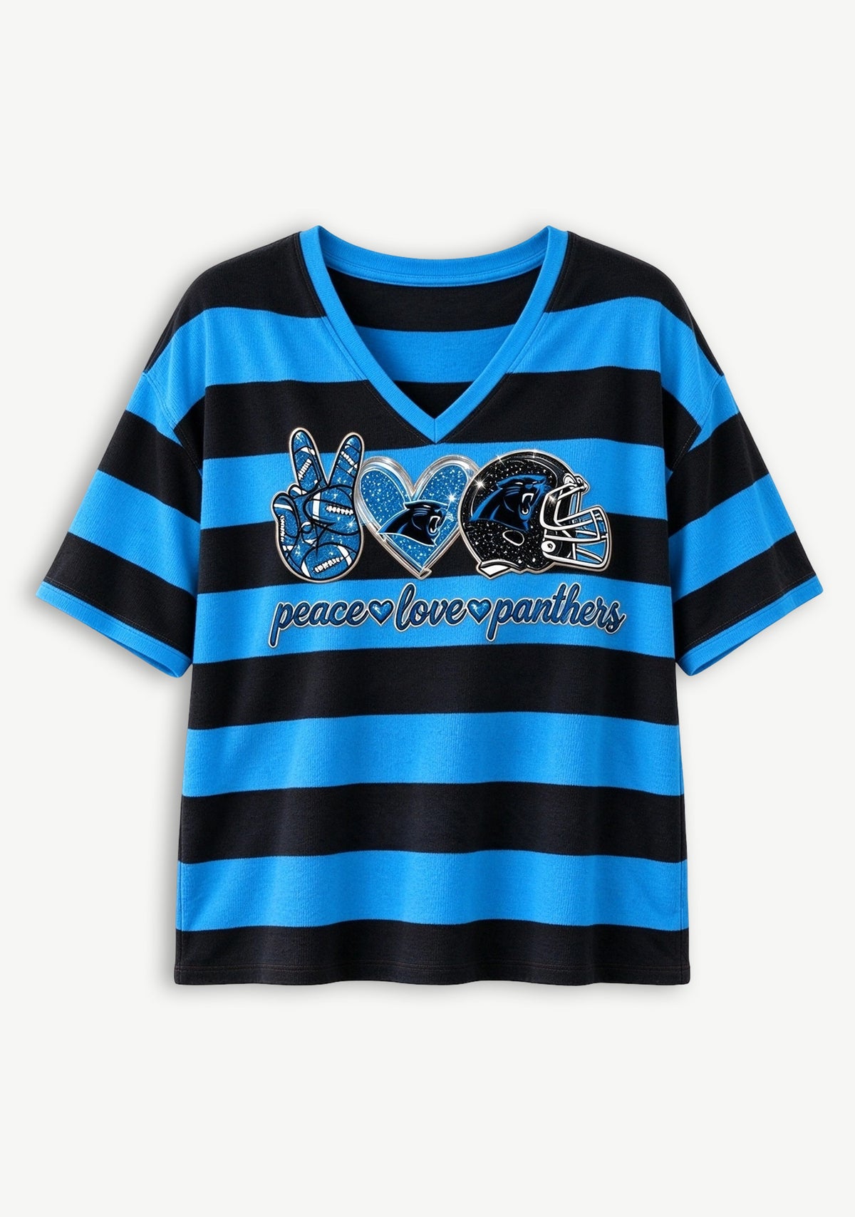Women's Peace Love Carolina Panthers Football Striped V Neck T-Shirt