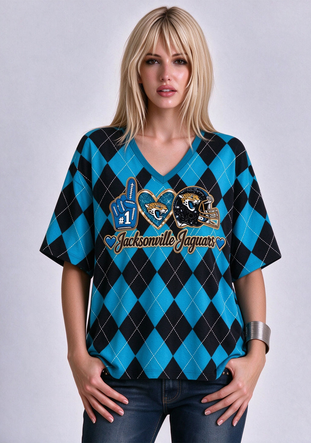 Women's Jacksonville Jaguars Argyle #1 Fan Heart Helmet V-Neck T-Shirt