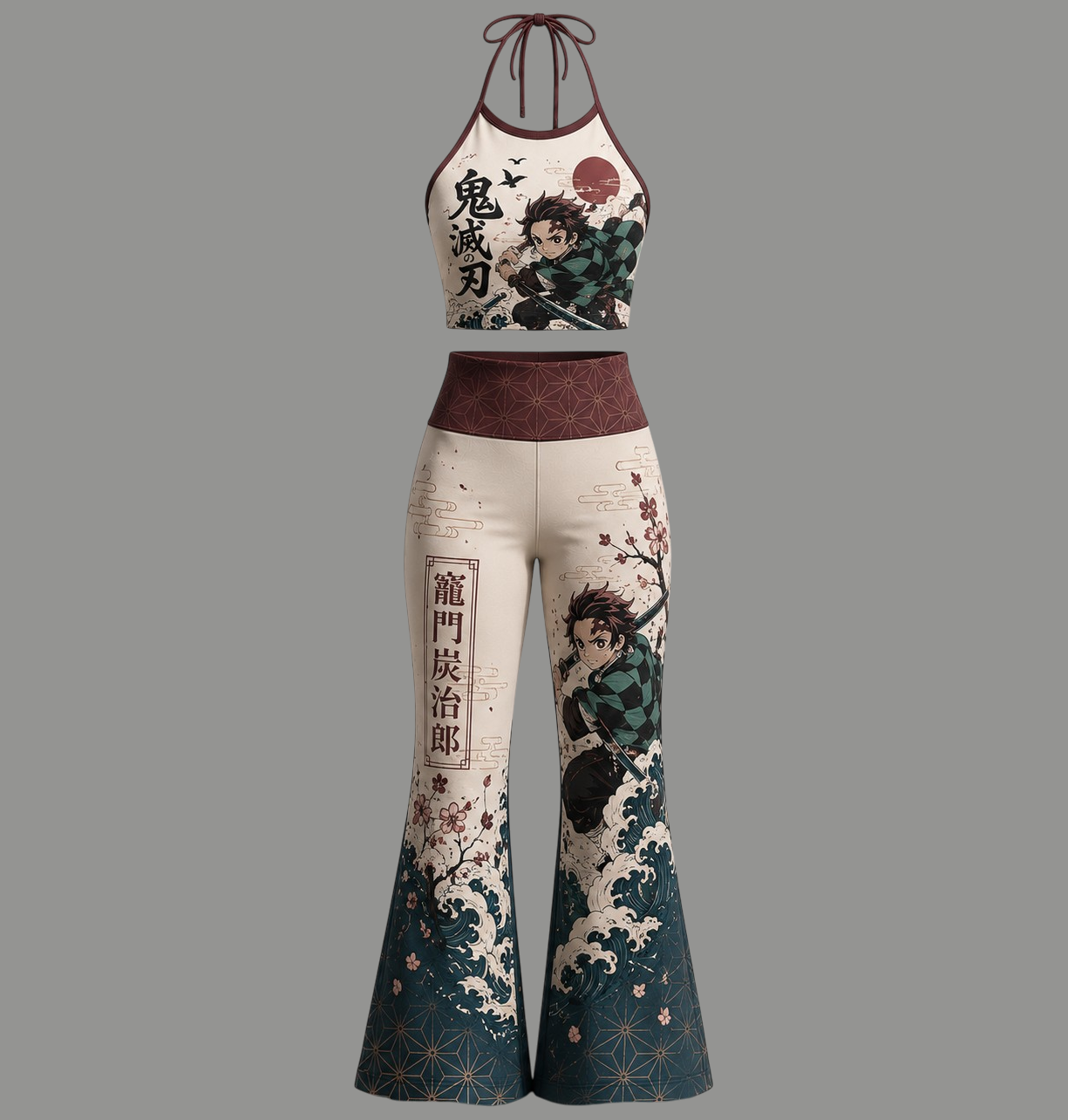 Demon Slayer Halter Crop Top + High Waist Flared Pants Matching 2-Piece Set