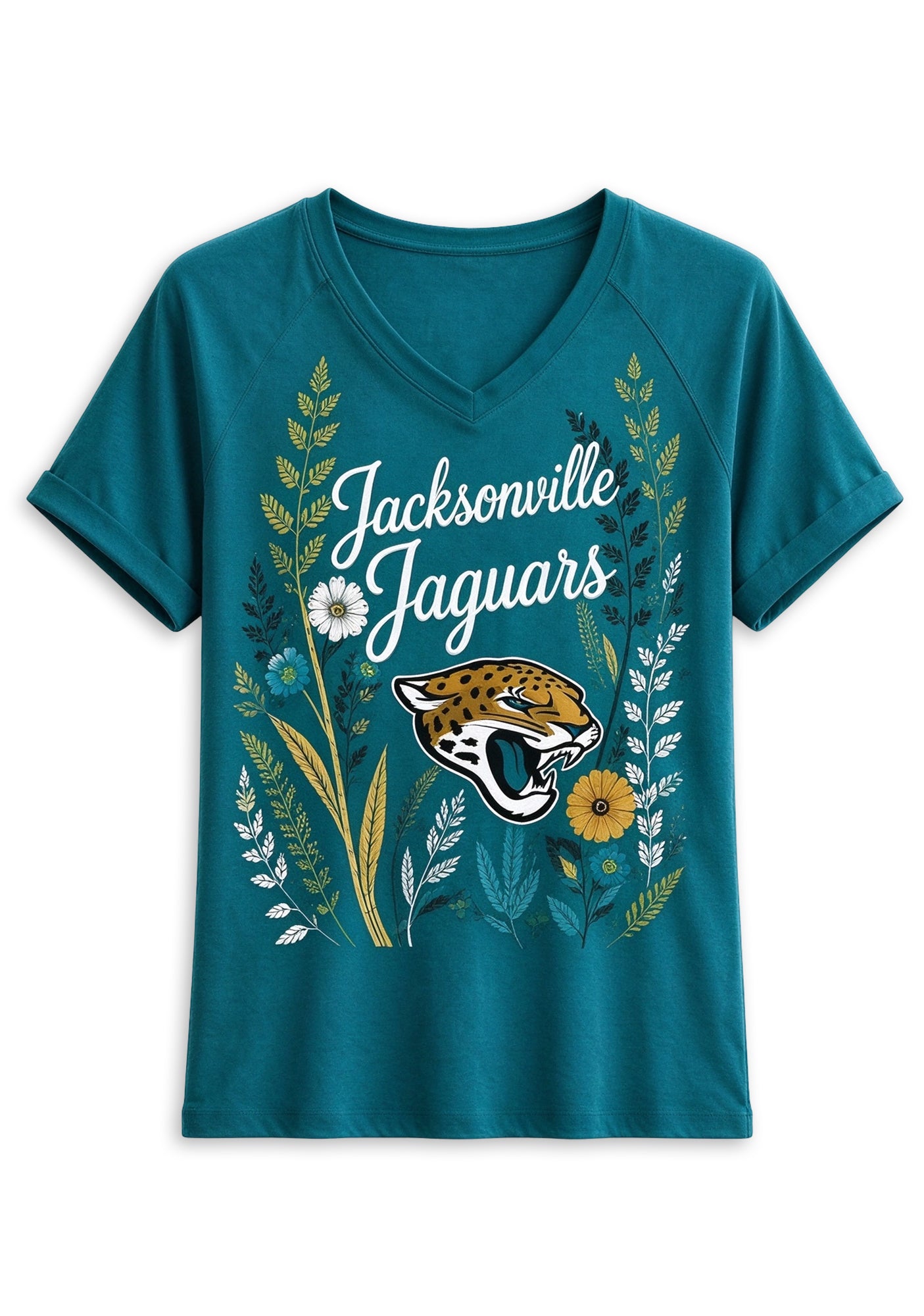 Women's Jacksonville Jaguars Wildflower Graphic V-Neck Raglan Rolled T-Shirt Secondary image