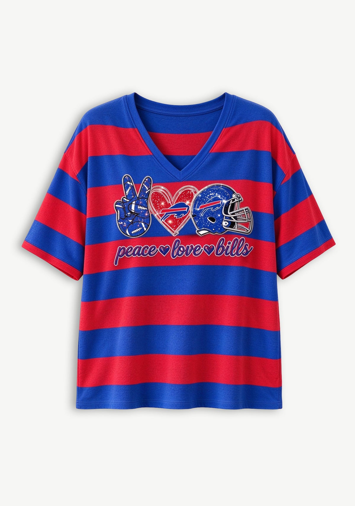 Women's Peace Love Buffalo Bills Football Striped V Neck T-Shirt