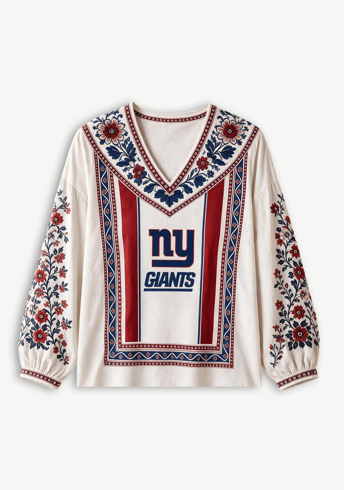New York Giants Boho Floral Printed V-Neck Long Sleeve Shirt
