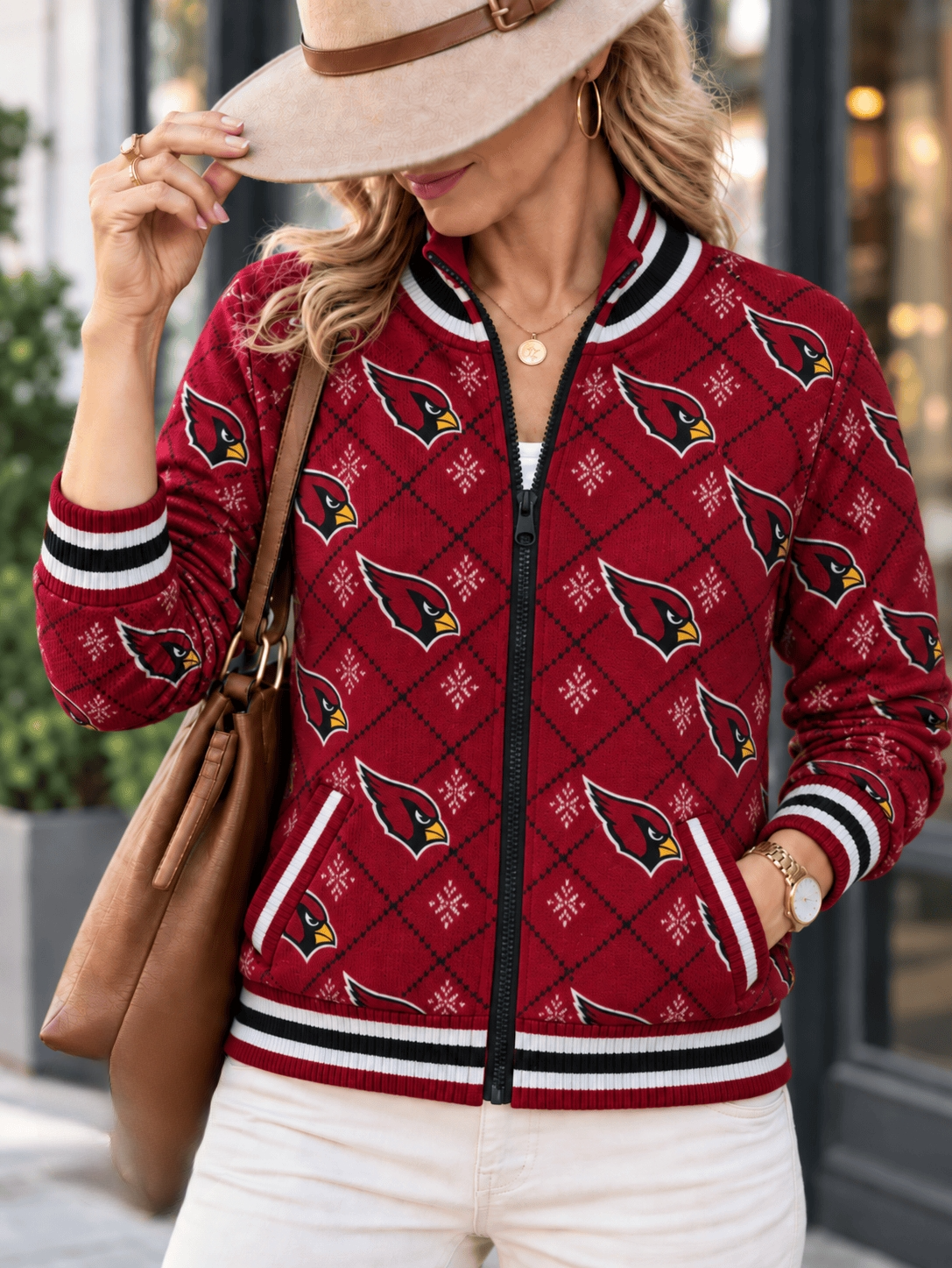 Women's Arizona Cardinals Argyle Print Zip Up Varsity Jacket
