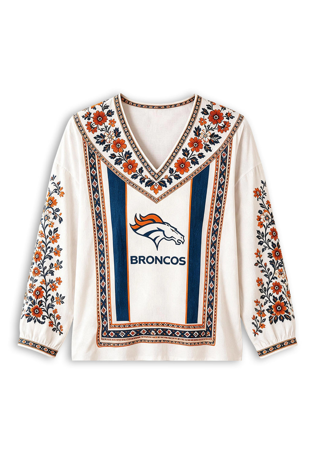 Women's Denver Broncos Boho Floral Printed V-Neck Long Sleeve Shirt