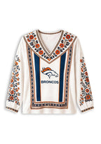Women's Denver Broncos Boho Floral Printed V-Neck Long Sleeve Shirt
