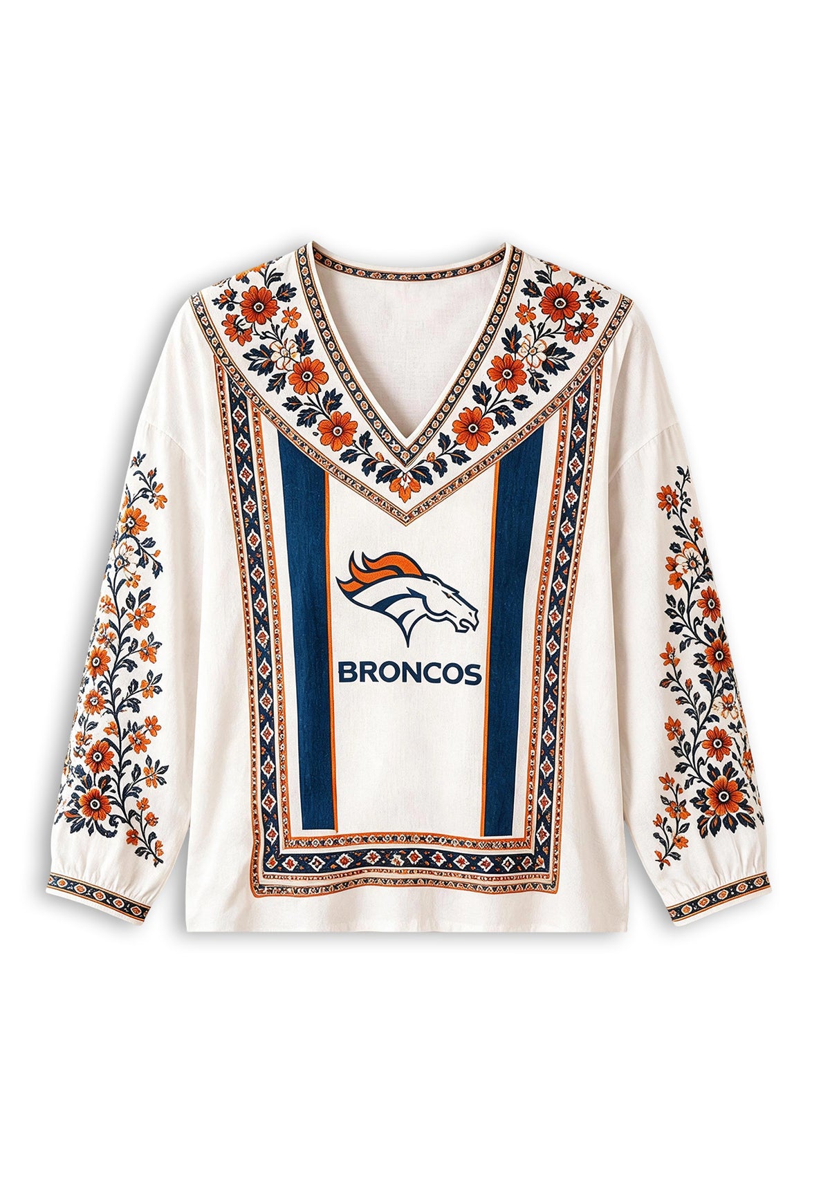 Women's Denver Broncos Boho Floral Printed V-Neck Long Sleeve Shirt