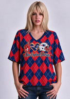 Women's New England Patriots Argyle #1 Fan Heart Helmet V-Neck T-Shirt
