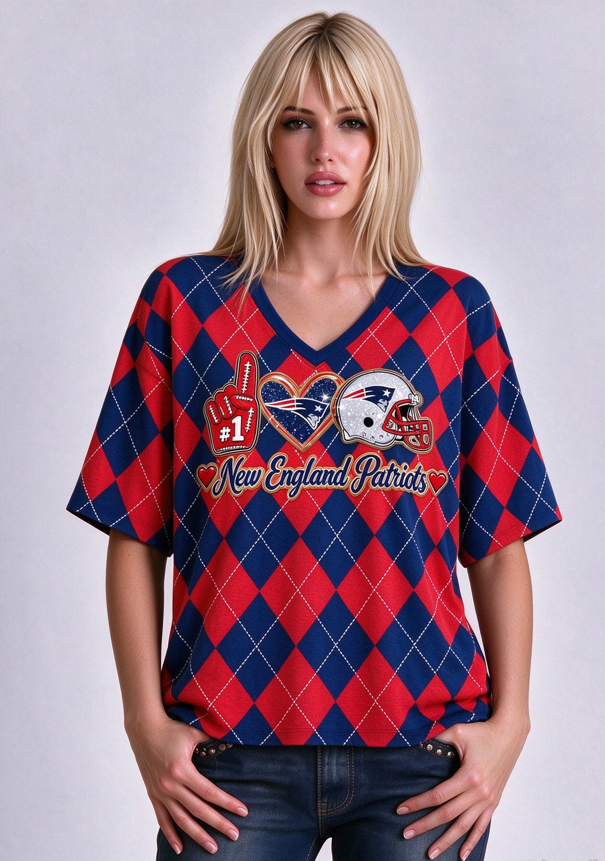 Women's New England Patriots Argyle #1 Fan Heart Helmet V-Neck T-Shirt