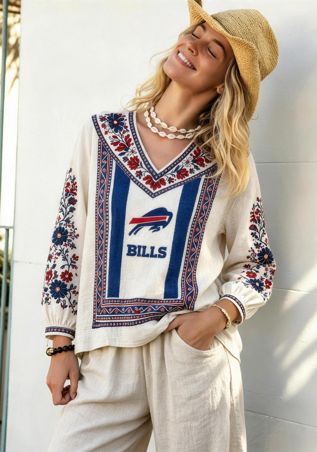 Buffalo Bills Boho Floral Printed V-Neck Long Sleeve Shirt