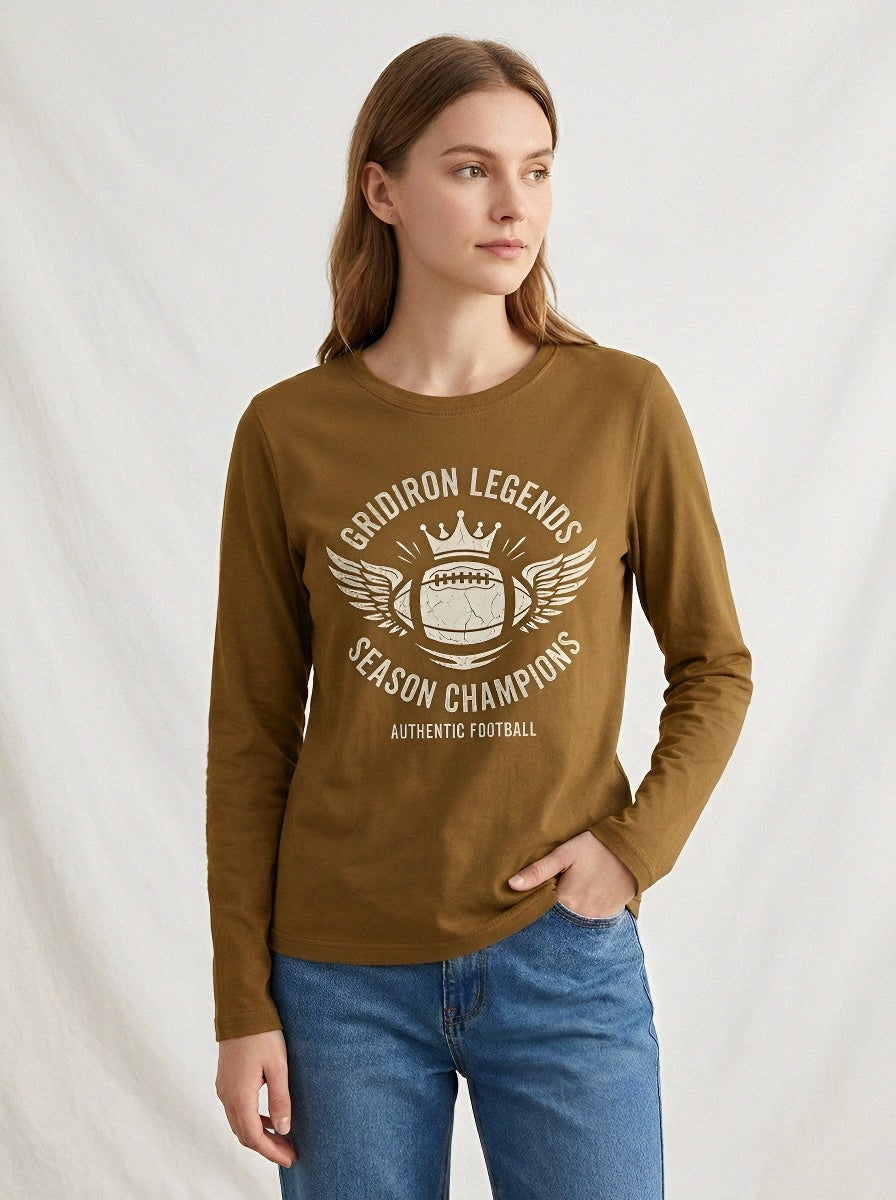 Women's Football Lover Gridiron Legends Winged Ball Printed Long Sleeve T-Shirt