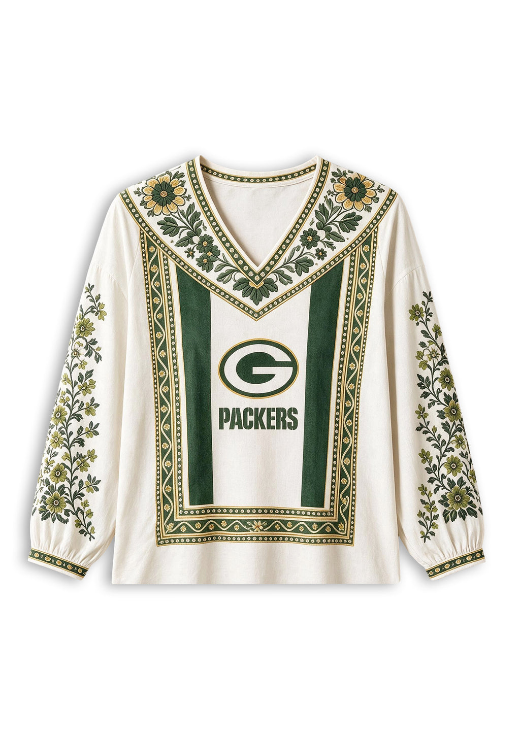 Women's Green Bay Packers Boho Floral Printed V-Neck Long Sleeve Shirt