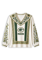Women's Green Bay Packers Boho Floral Printed V-Neck Long Sleeve Shirt