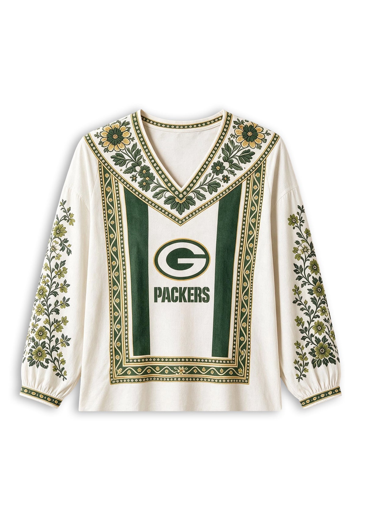 Women's Green Bay Packers Boho Floral Printed V-Neck Long Sleeve Shirt