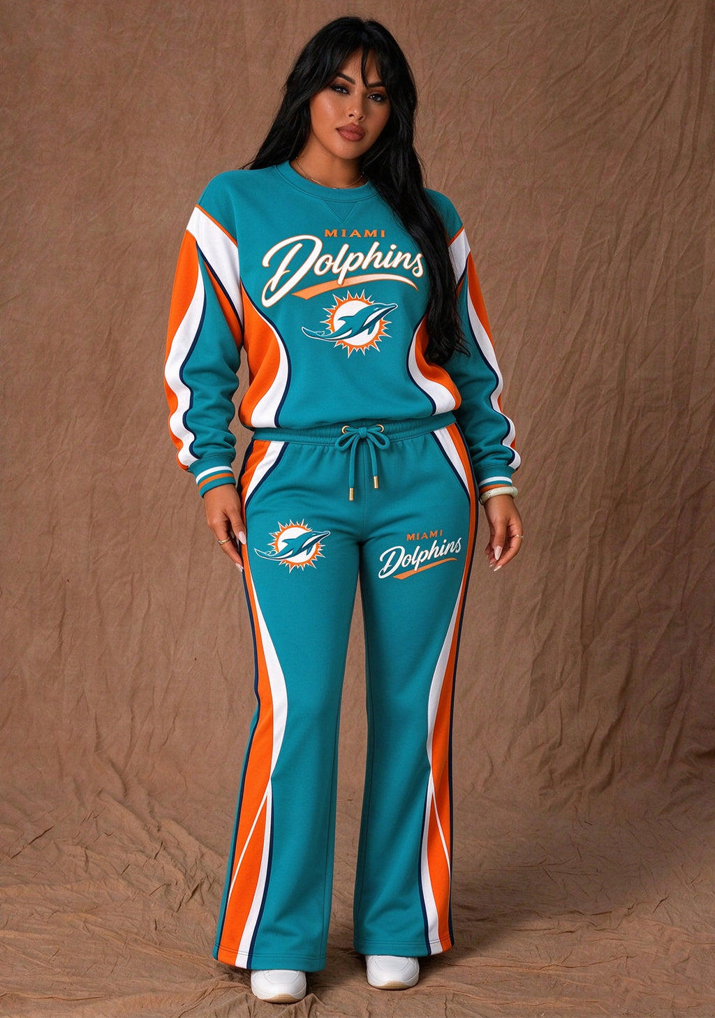 Women's Miami Dolphins Crewneck Sweatshirt & Flared Pants 2 Piece Set
