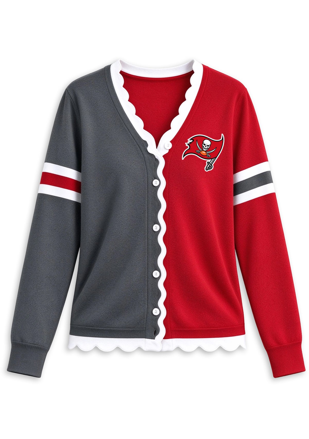 Women's Tampa Bay Buccaneers Color Block Scalloped Trim V-Neck Button Cardigan