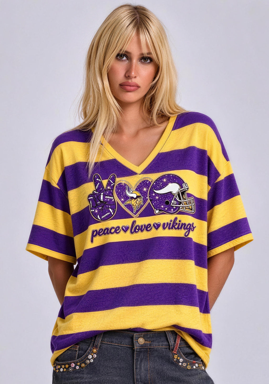 Women's Peace Love Minnesota Vikings Football Striped V Neck T-Shirt