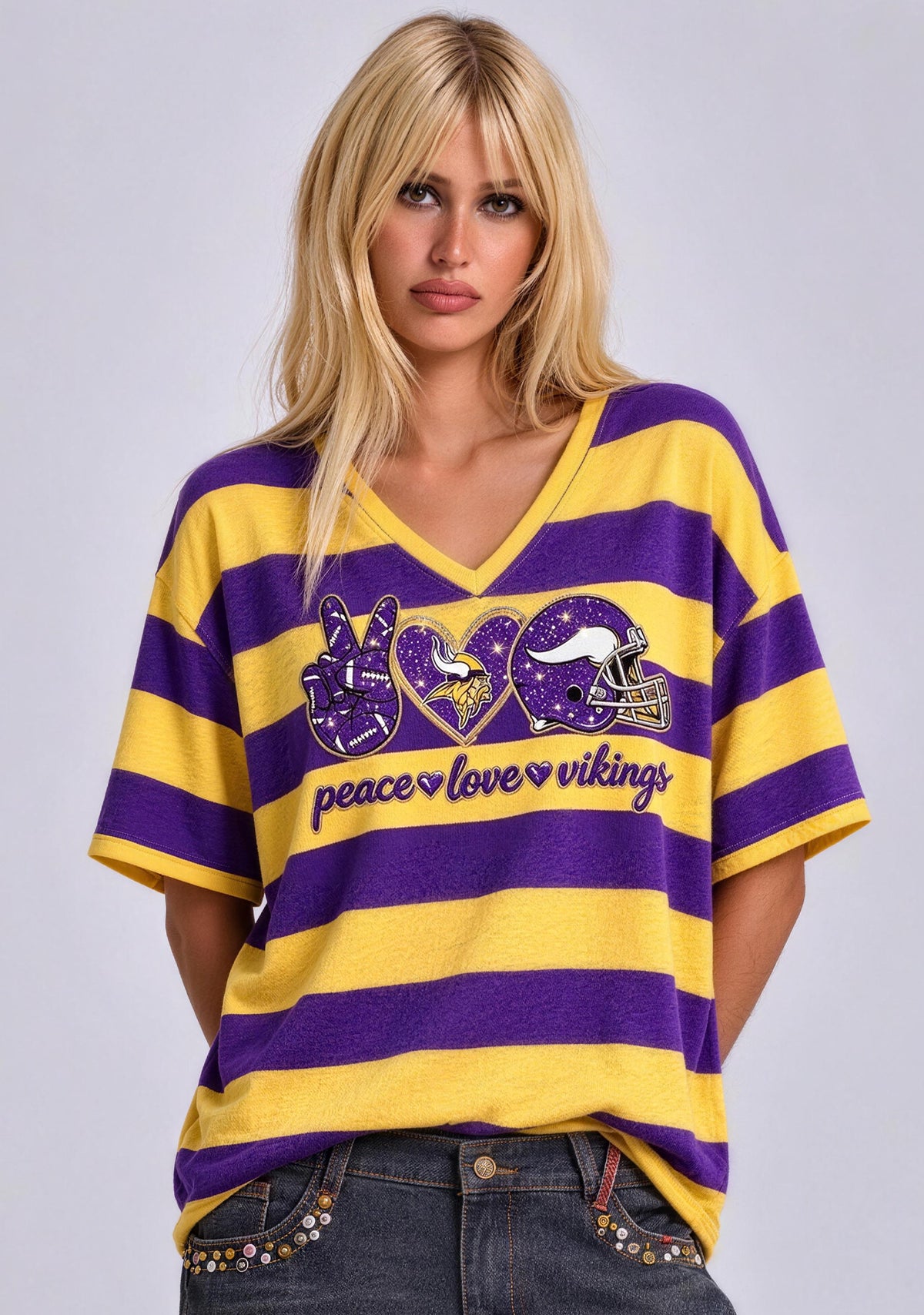 Women's Peace Love Minnesota Vikings Football Striped V Neck T-Shirt