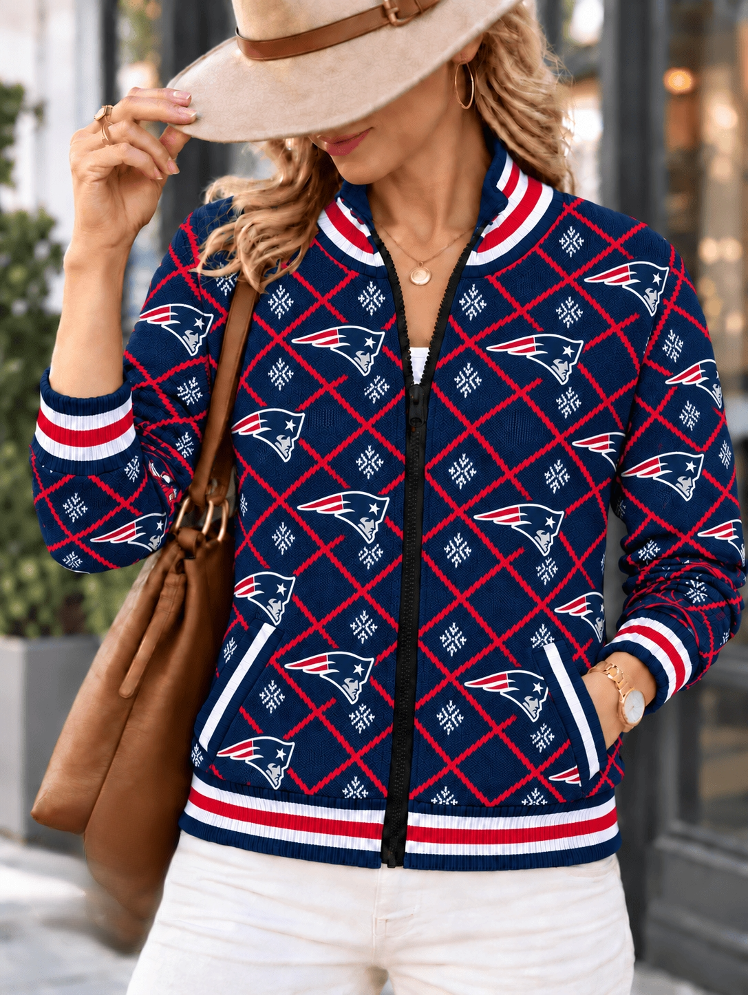 Women's New England Patriots Argyle Print Zip Up Varsity Jacket