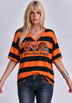 Women's Peace Love Cincinnati Bengals Football Striped V Neck T-Shirt