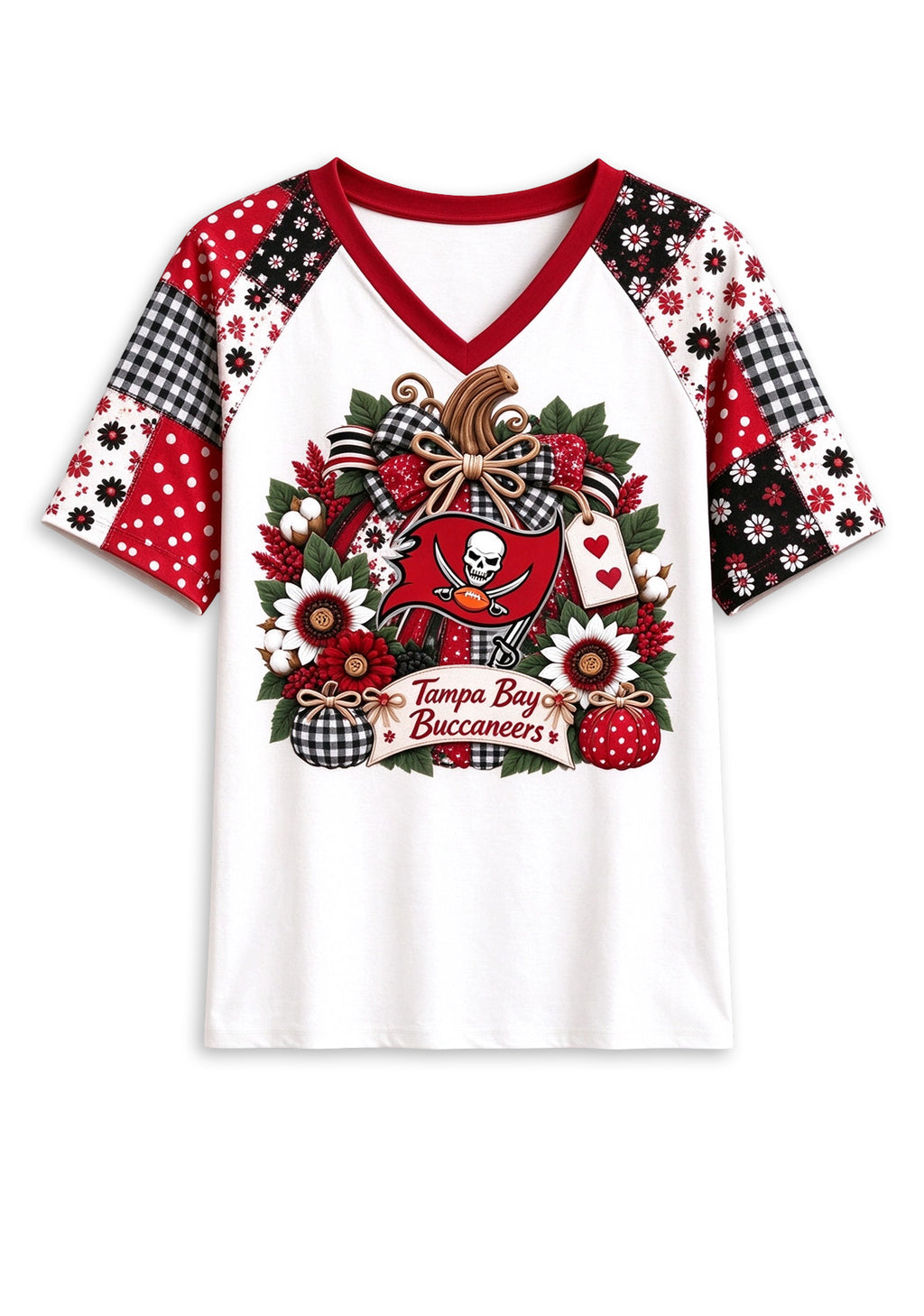 Women's Tampa Bay Buccaneers Patchwork Sleeve V-Neck Raglan T-Shirt