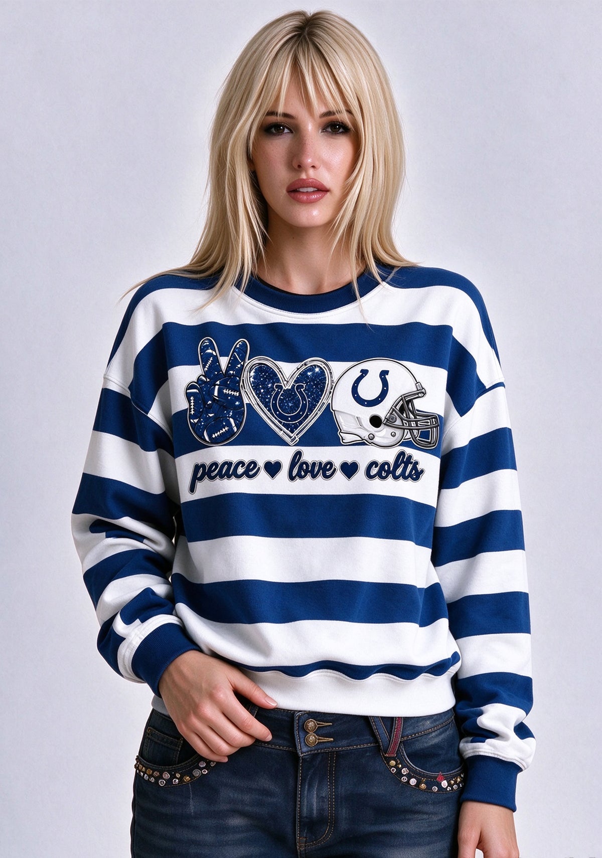 Women's Peace Love Indianapolis Colts Striped Crewneck Sweatshirt