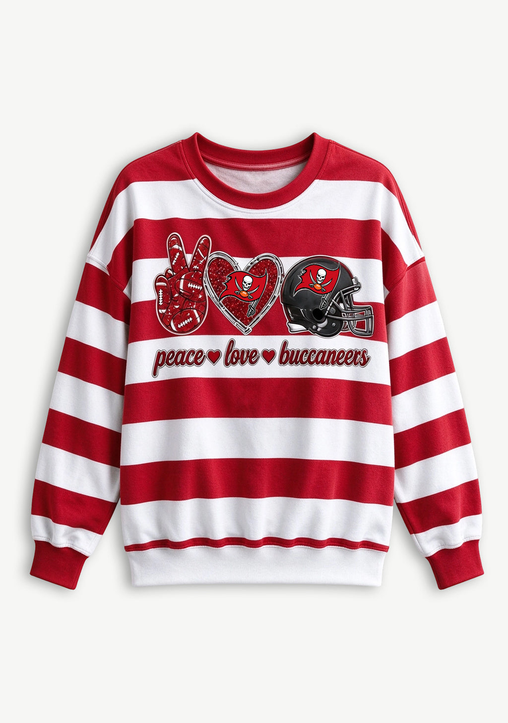 Women's Peace Love Tampa Bay Buccaneers Striped Crewneck Sweatshirt