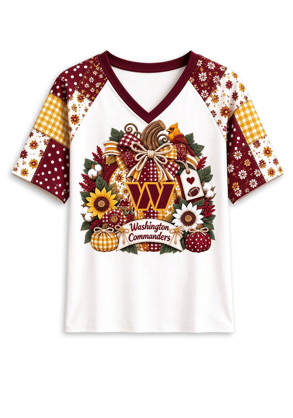 Women's Washington Commanders Patchwork Sleeve V-Neck Raglan T-Shirt