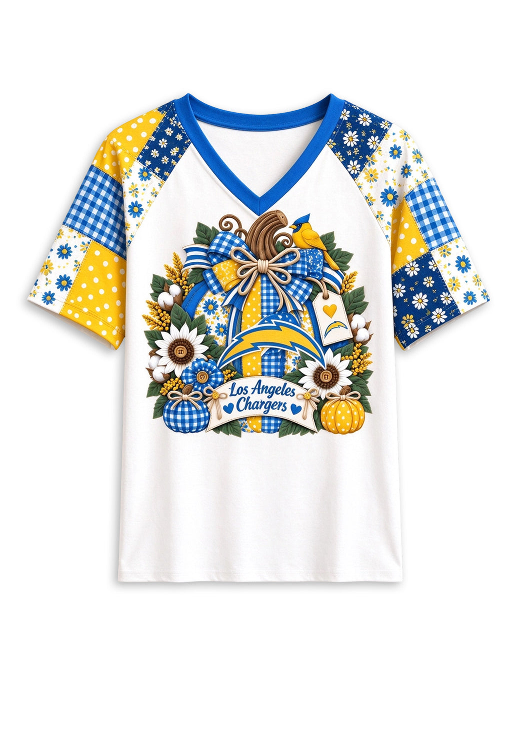 Women's Los Angeles Chargers Patchwork Sleeve V-Neck Raglan T-Shirt