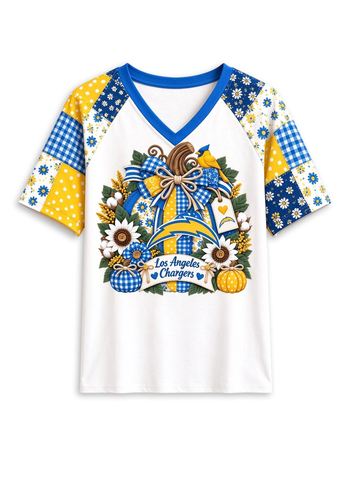 Women's Los Angeles Chargers Patchwork Sleeve V-Neck Raglan T-Shirt