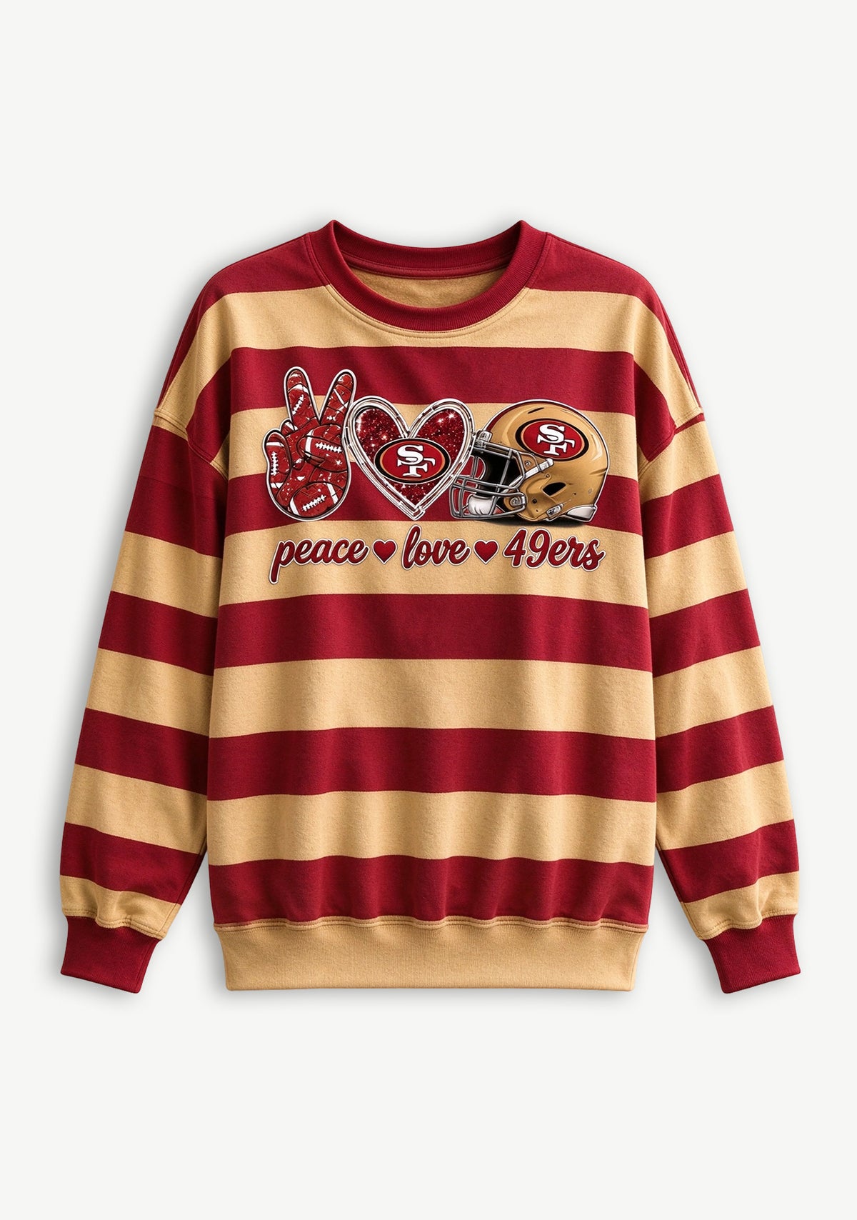 Women's Peace Love San Francisco 49ers Striped Crewneck Sweatshirt