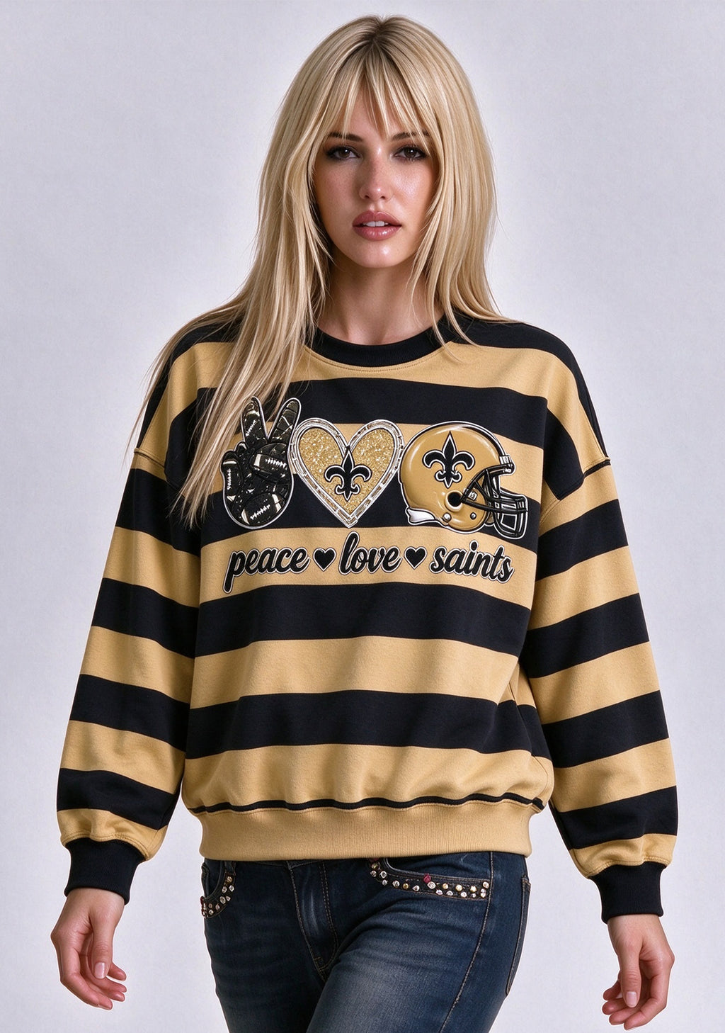 Women's Peace Love New Orleans Saints Striped Crewneck Sweatshirt