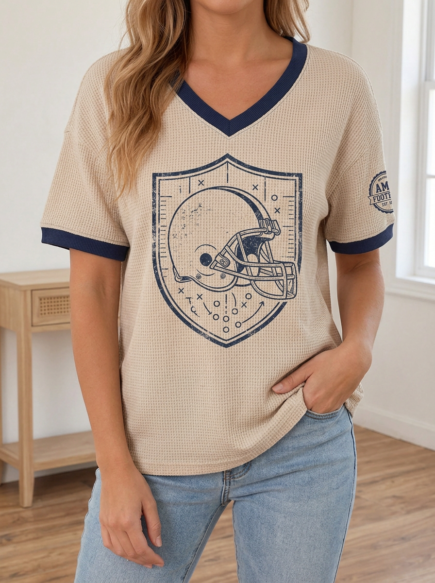 Women's American Football Fan Helmet Playbook Printed Waffle Top