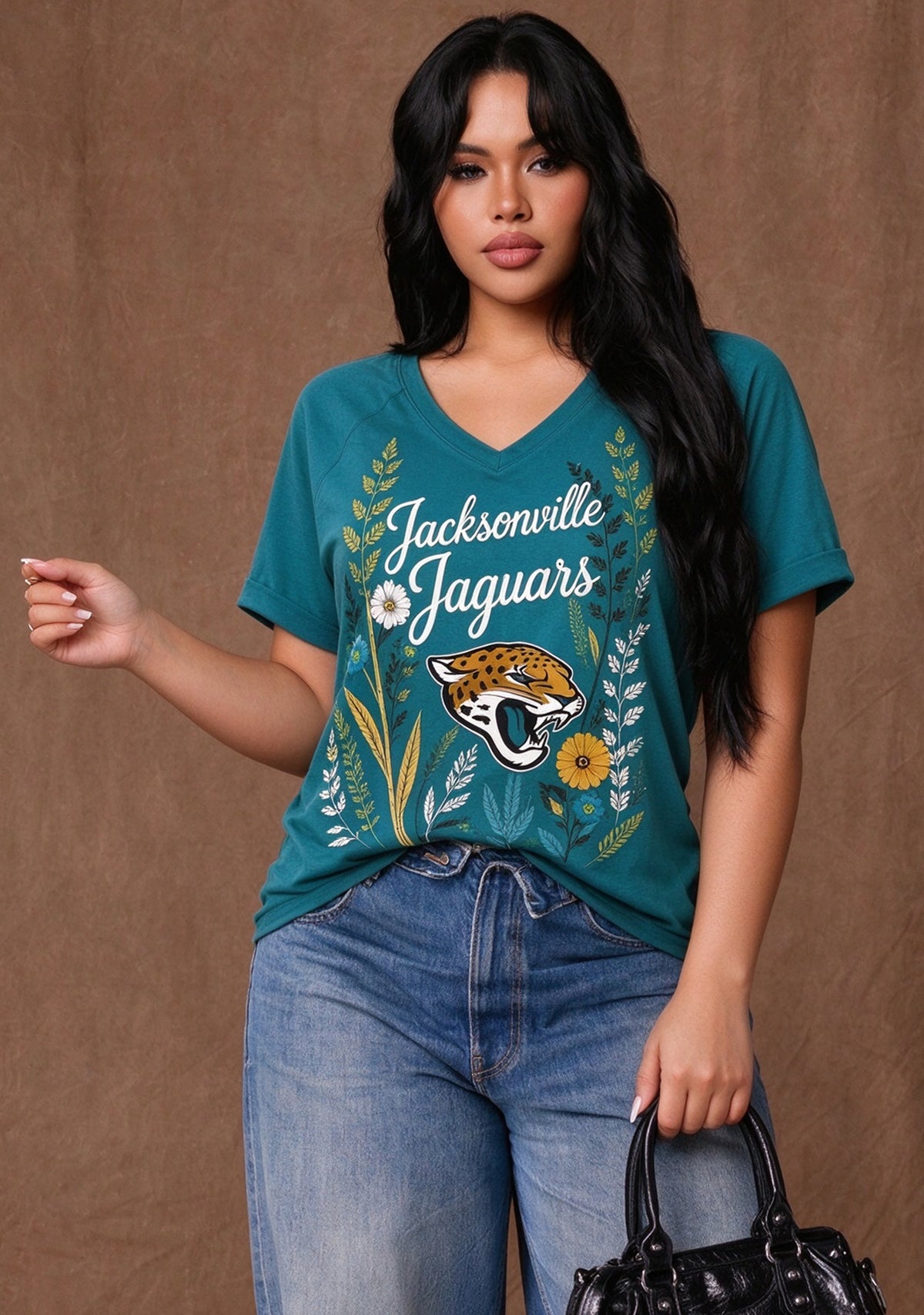 Women's Jacksonville Jaguars Wildflower Graphic V-Neck Raglan Rolled T-Shirt Main image