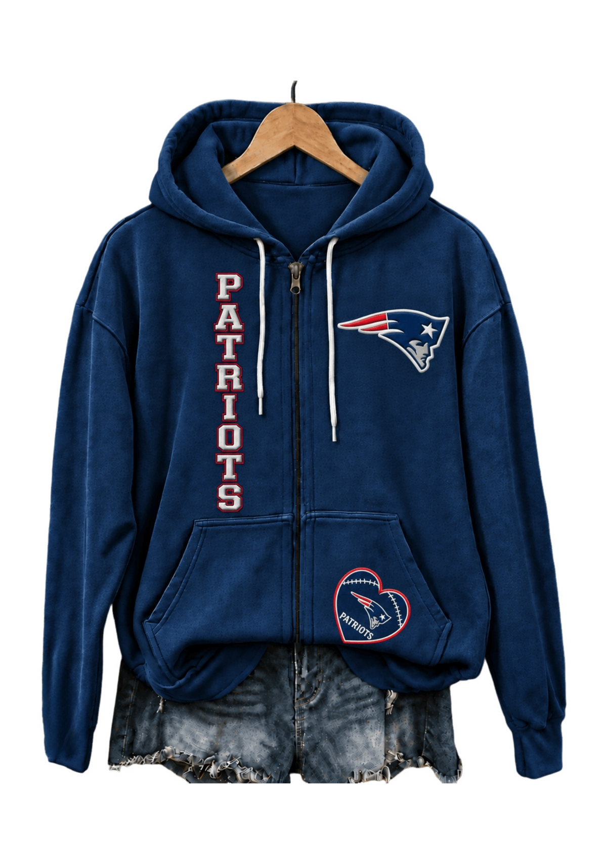 New England Patriots Women Heart Football Graphic Zip Up Hoodie
