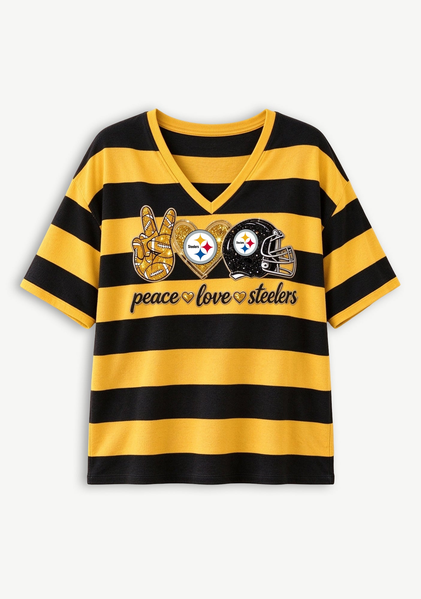 Women's Peace Love Pittsburgh Steelers Football Striped V Neck T-Shirt Secondary image