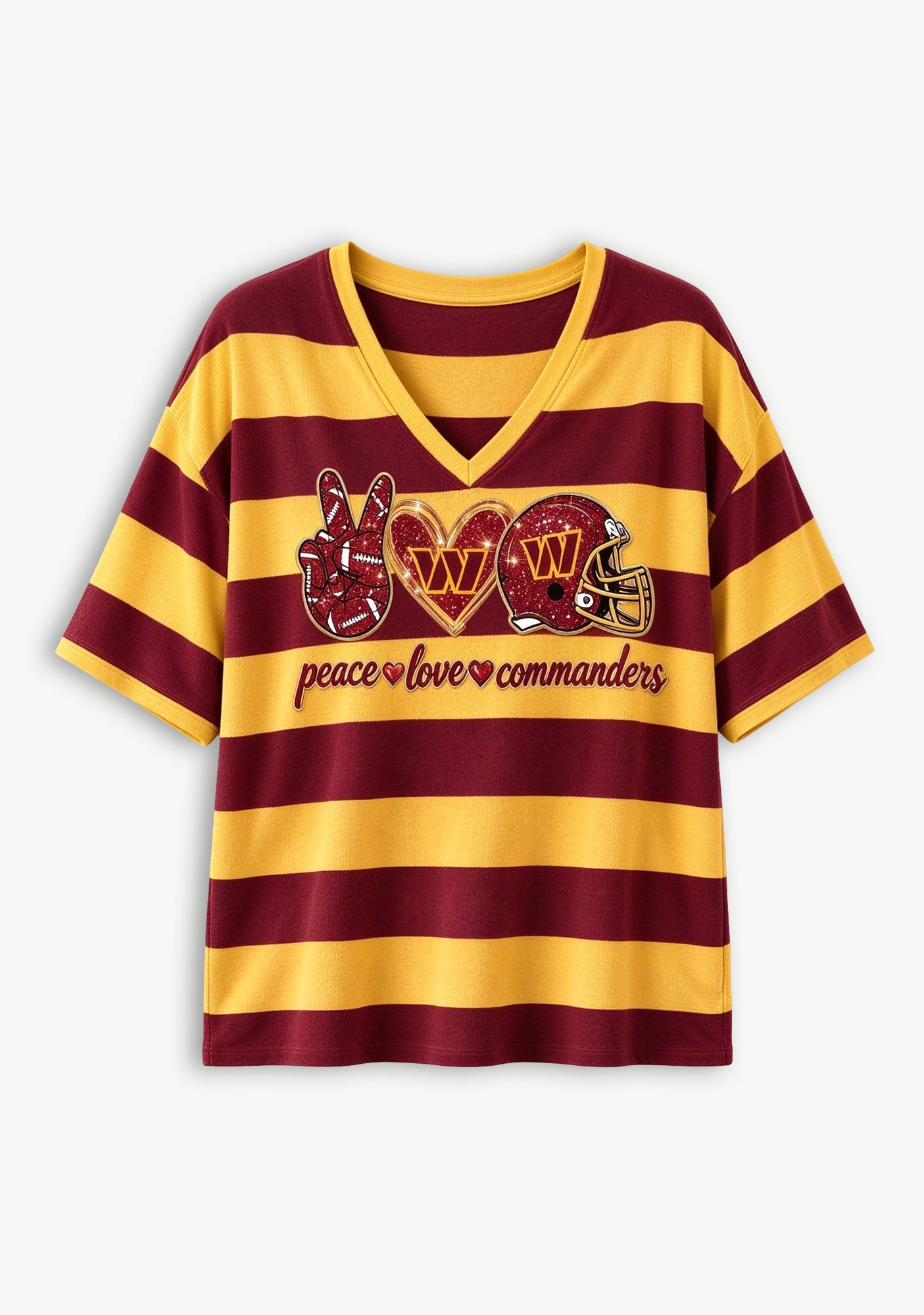 Women's Peace Love Washington Commanders Football Striped V Neck T-Shirt Secondary image