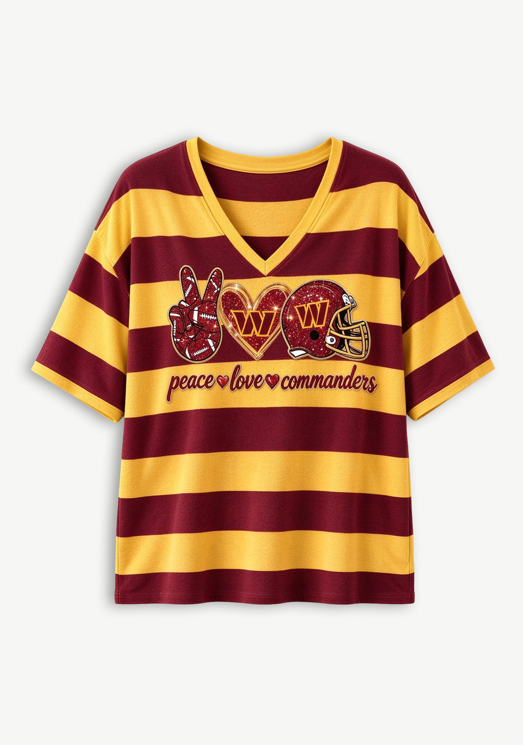 Women's Peace Love Washington Commanders Football Striped V Neck T-Shirt