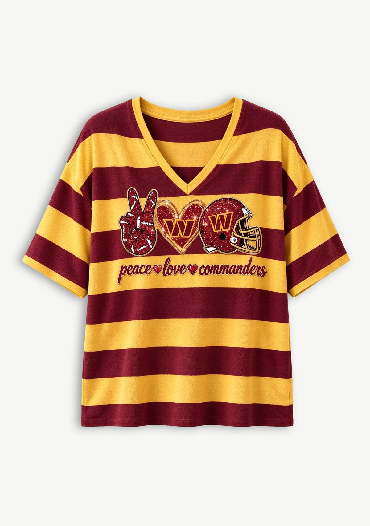 Women's Peace Love Washington Commanders Football Striped V Neck T-Shirt