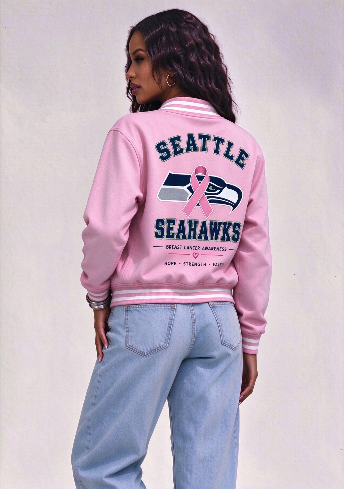 Seattle Seahawks Breast Cancer Awareness Pink Ribbon Varsity Jacket
