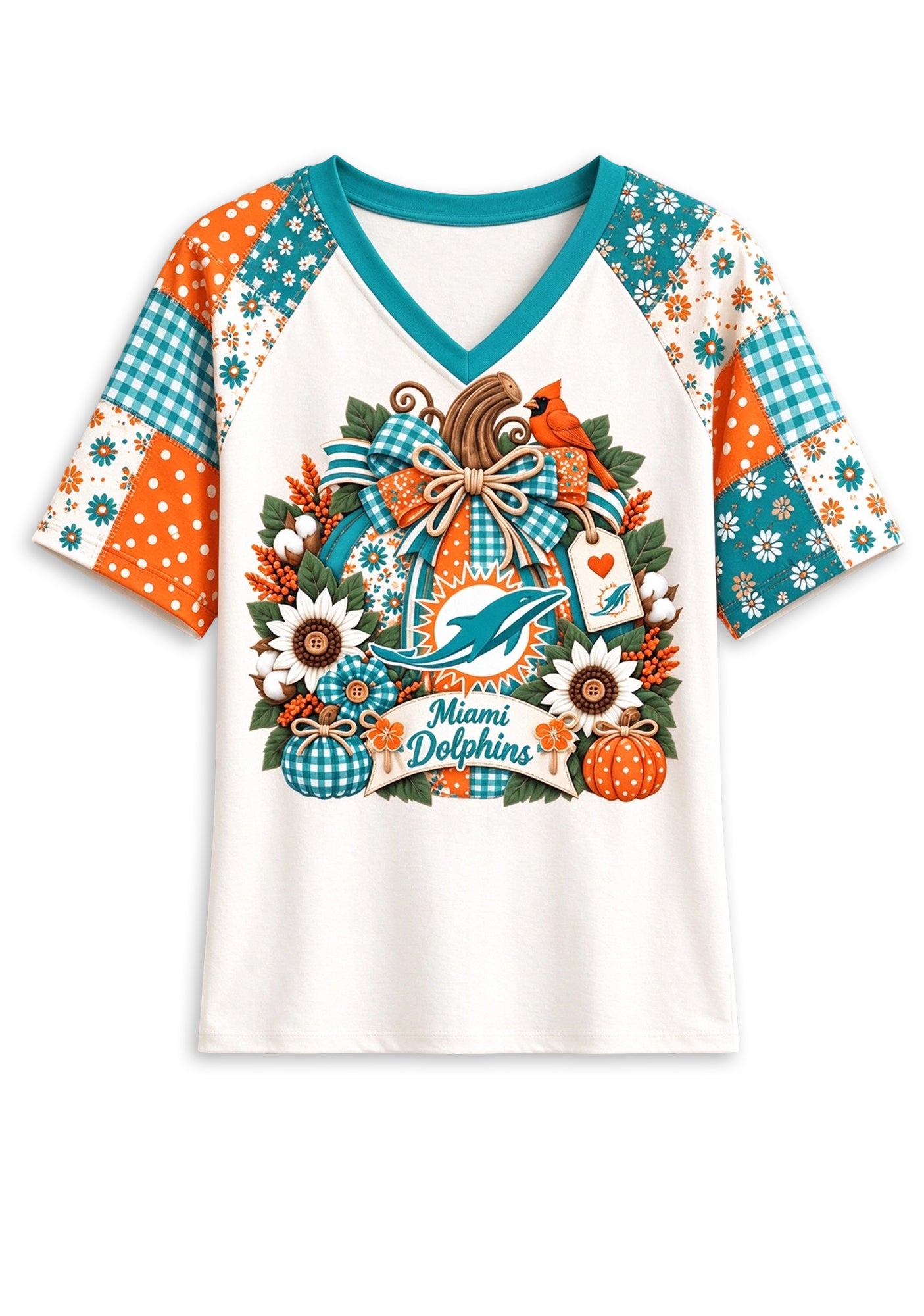 Women's Miami Dolphins Patchwork Sleeve V-Neck Raglan T-Shirt Secondary image