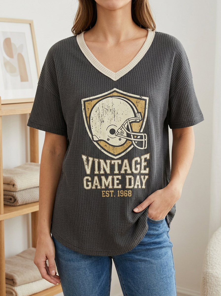 Women's Vintage Football Game Day Helmet Printed Waffle Top