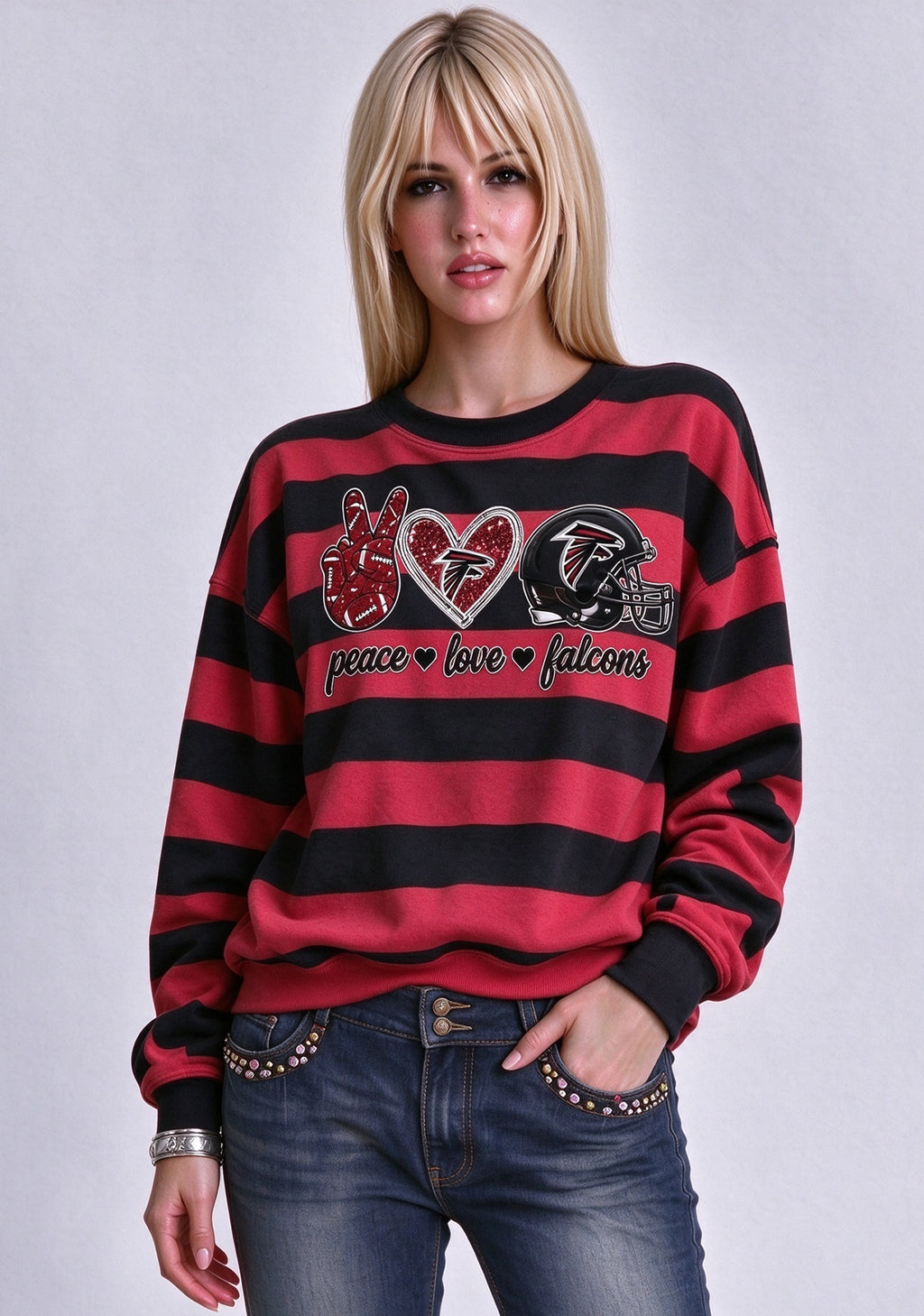 Women's Peace Love Atlanta Falcons Striped Crewneck Sweatshirt