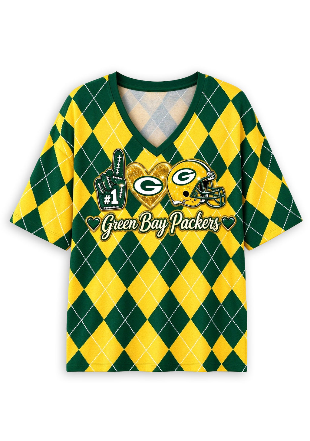 Women's Green Bay Packers Argyle #1 Fan Heart Helmet V-Neck T-Shirt