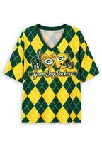 Women's Green Bay Packers Argyle #1 Fan Heart Helmet V-Neck T-Shirt