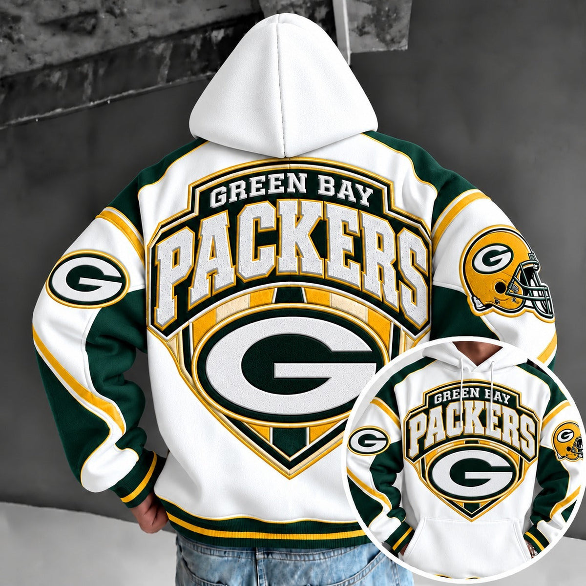 Green Bay Packers Retro Varsity Color Block Back Print Pullover Hoodie Main image