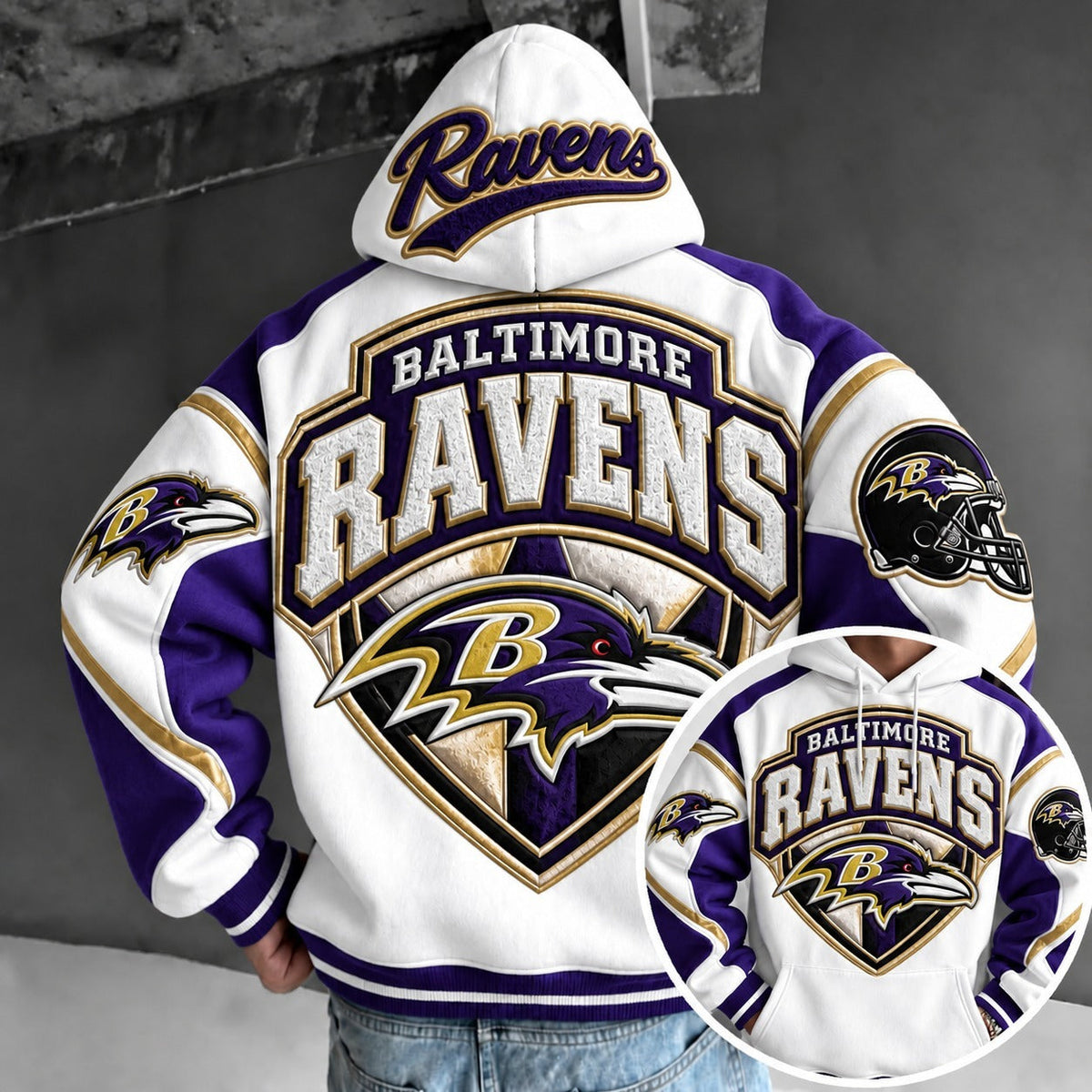 Baltimore Ravens Retro Varsity Color Block Back Print Pullover Hoodie