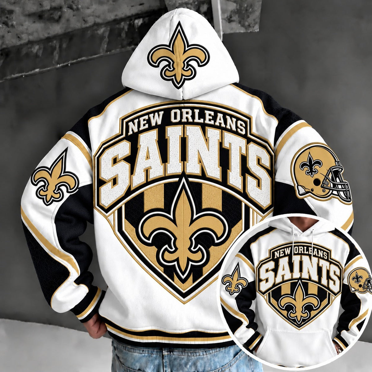 New Orleans Saints Retro Varsity Color Block Back Print Pullover Hoodie